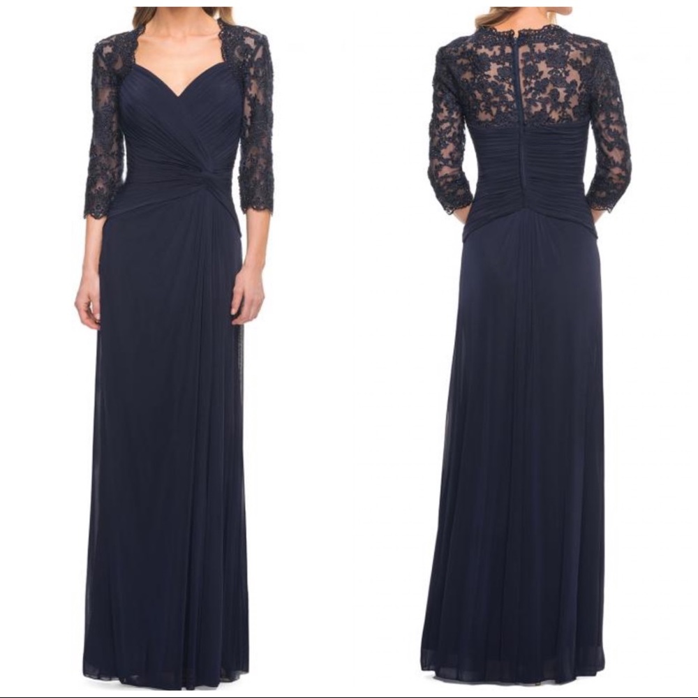 La Femme Navy maxi dress size 10. Altered to length for 5’5” with low heels.